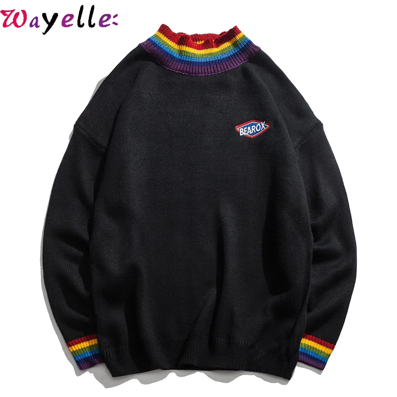 

Rainbow Collar Pullovers Men Sweater 2019 Winter Loose Style Sweater for Men High Street Sweater Black White Warm Sweatshirts