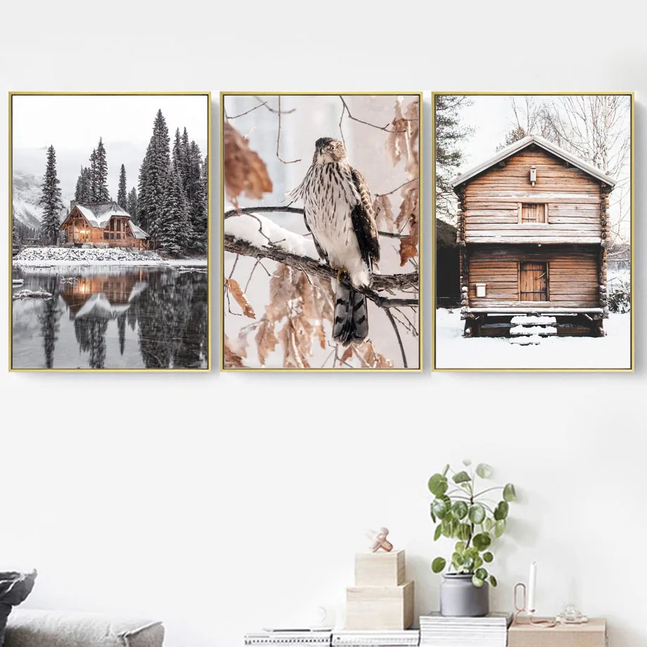 Snow-Lake-House-Pine-eagle-Horse-Wall-Art-Canvas-Painting-Winter-Nordic-Posters-And-Prints-Wall