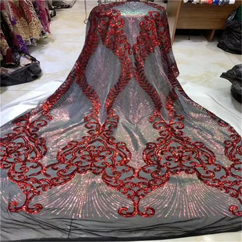 

High Quality Sequins Red Guipure French Net Lace Mesh Nigerian Lace Fabrics Cheap Embroidered African Lace Fabric