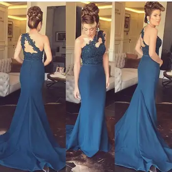 

Arabic Mermaid Evening Dress One Shoulder Lace Long Evening Dresses Party Gowns 2019 Navy Blue Formal Prom Dresses Plus Size