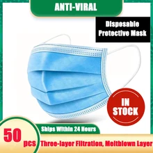 50pcs לא ארוג חד פעמי פנים מסכת 3-שכבה מגן מסכות אבק וחיידקים הוכחת מבוגרים אוזן סוג פה מסכת תיבת אריזה(China)