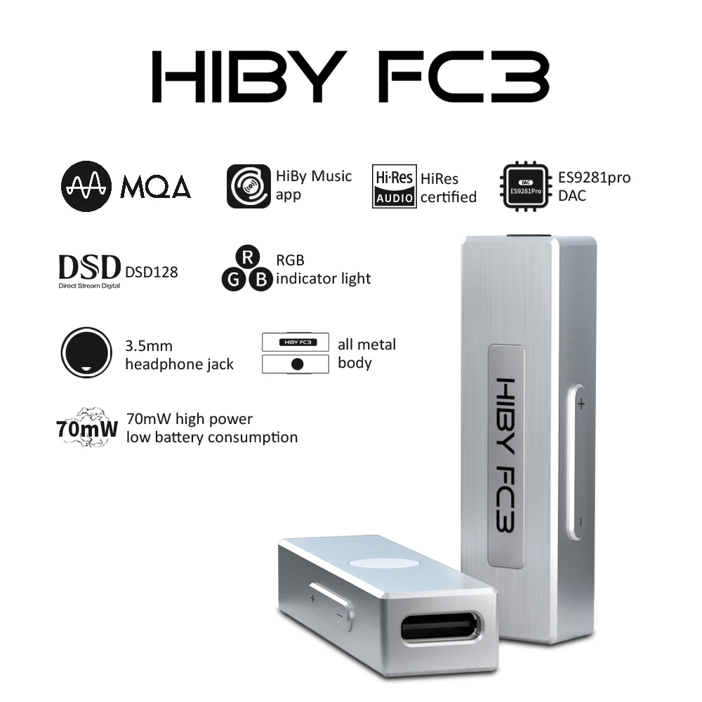 HiBy FC3 MQA authenticated dongle USB DAC Decoding Audio Headphone Amplifier DSD128 3.5mm Output for Android iOS Mac Windows10