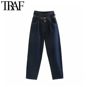 

TRAF Women Vintage Stylish With Belt High Waisted Jeans Fashion Zipper Fly Pockets Denim Harem Pants Chic Female Ankle Trousers