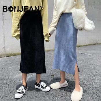 

Knitted Skirt Korean Style Women Black Blue Elegant Ladies Office Skirt High Waist Autumn Winter Long Skirt Z179