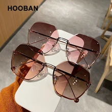 HOOBAN 2021 Luxury Gradient Sunglasses Women Fashion Cut Trimmed Lens Sun Glasses Female Classic Oversized Driving Eyeglasses