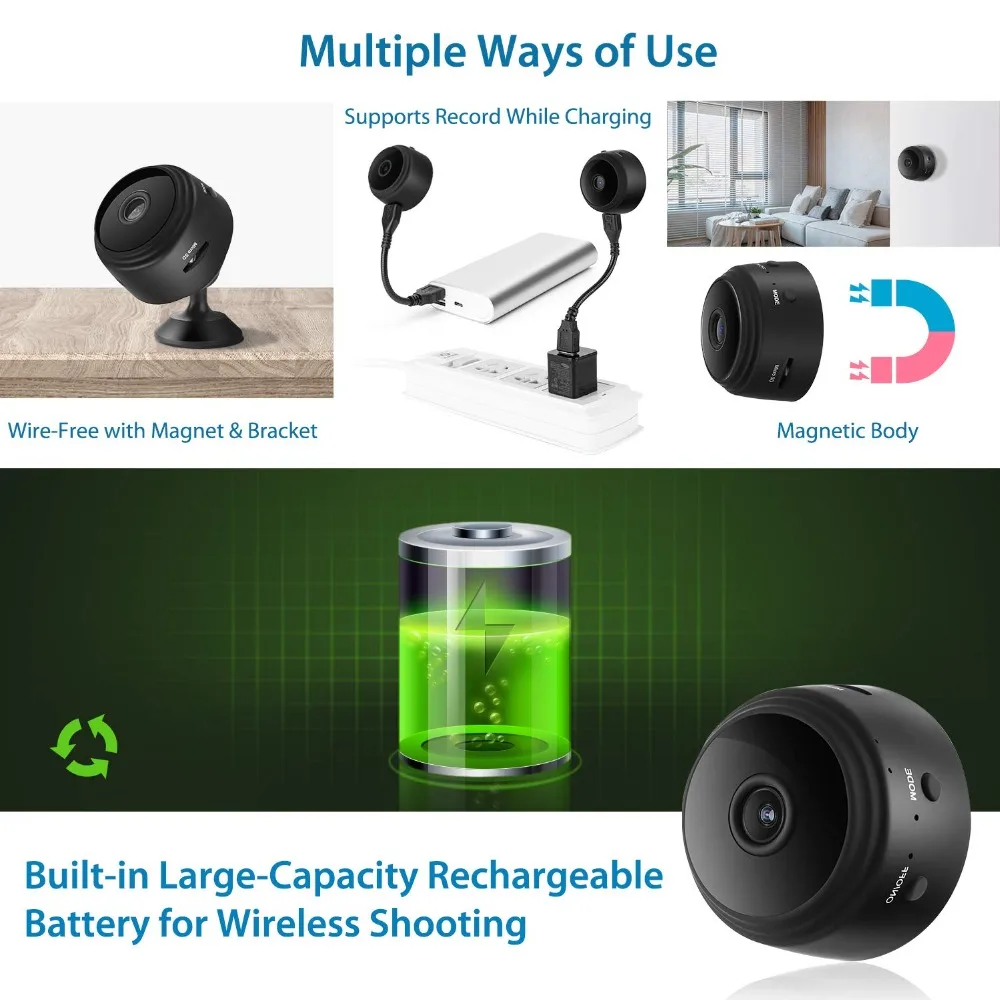 Мини-камера, домашняя камера безопасности WiFi, ночное видение 1080P Беспроводная камера наблюдения, удаленный монитор телефон приложение
