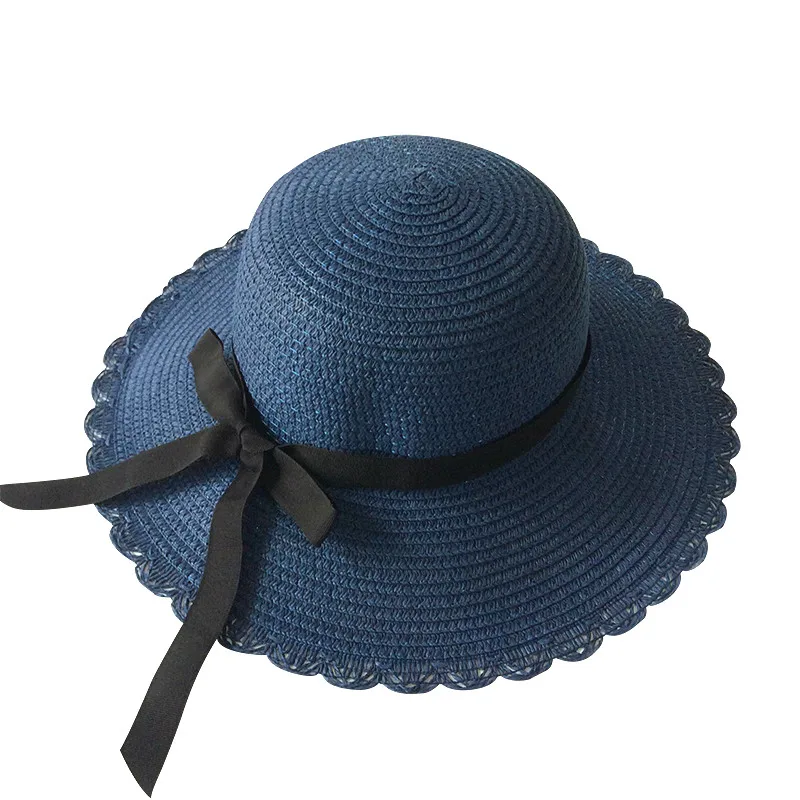 navy blue4 Летняя кепка для девочек, черная лента, волнистые шляпы, шляпа для детей, декорированная Панама, пляжная шляпа для девочек, соломенная шляпа для защиты от солнца, Детская кепка - Цвет: navy blue4