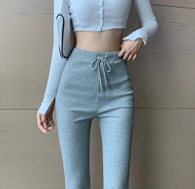 Женские повседневные узкие брюки Pantalones серого цвета с высокой талией эластичные