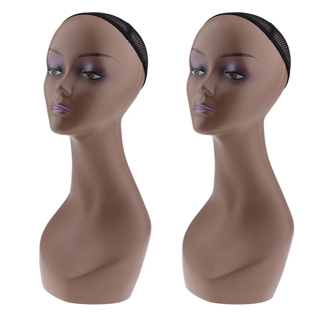 2pcs Coffee Female Mannequin Head Model Wig Cap Jewelry Display Holder Stand