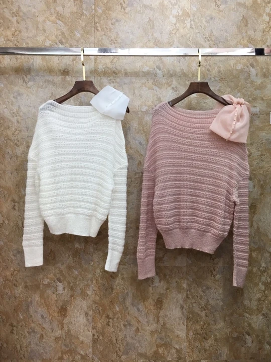 

2019 Early Autumn New Woman Bow Nail Bead Decorative Long Sleeve 100-Lap Sweater Top Knitted Sweater 829