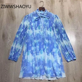 

ZIWWSHAOYU Summer Female Blue Print Loose Mini Short Dress Runway Designer Women Stand Collar Bow Boho Pleated Dresses Vestidos
