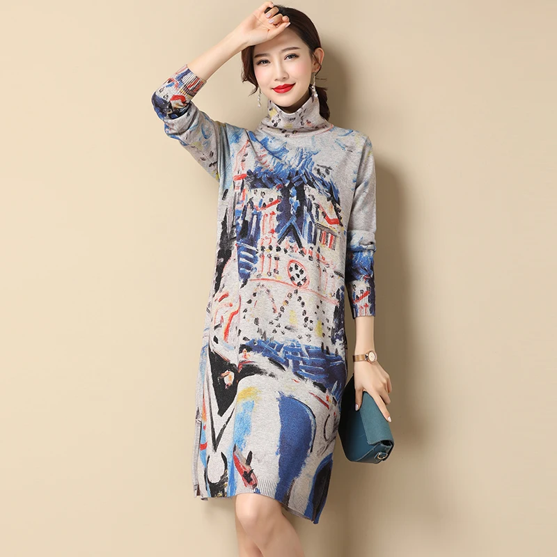 

Женские туфли с высоким, плотно облегающим шею воротником с цветочным узором, платье для зимы и осени, старинные печати свитер женский с длинным рукавом трикотажные платья пуловеры