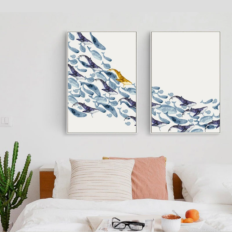 Cartoon Blue and Gold Whales Group Canvas Painting Nordic Poster and Print Wall Art Modern Pictures for Kids' Room Home Decor