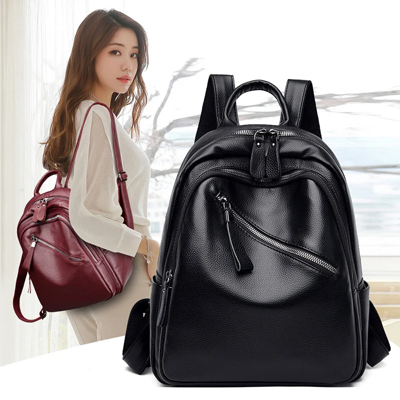 

Stylish Black Leather Backpacks for Women Casual Zipper Tote Backpack Shoulder Bag Girls Packbag Large Portable Women Travel Bag