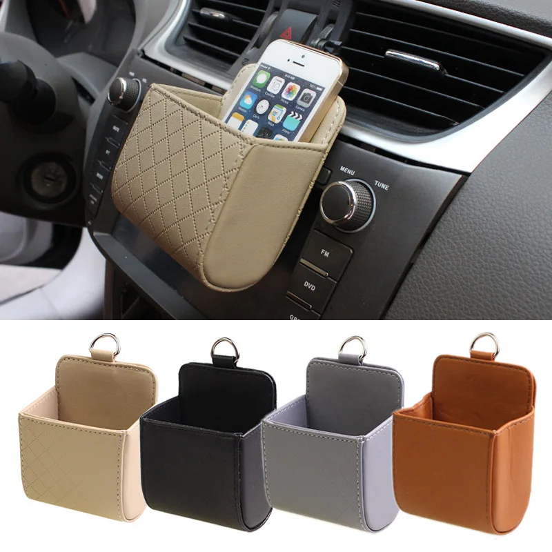 

Auto Vent Outlet Trash Box PU Leather Car Mobile Phone Holder Storage Bag Organizer Automobile Hanging Box Car Styling 4 Colors