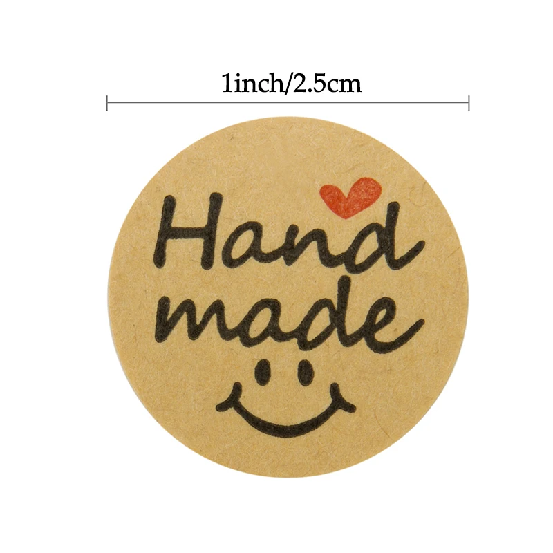 Round Hand Made With Love Labels Stickers Red Heart Kraft Handmade Sticker