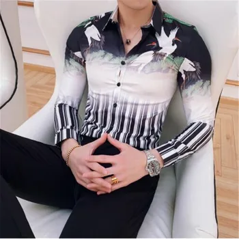 

High Quality Men Shirt 2019 Brand New Print Shirt Men Long Sleeve Streetwear Slim Fit Striped Shirts For Men Party Dress Tuxedo