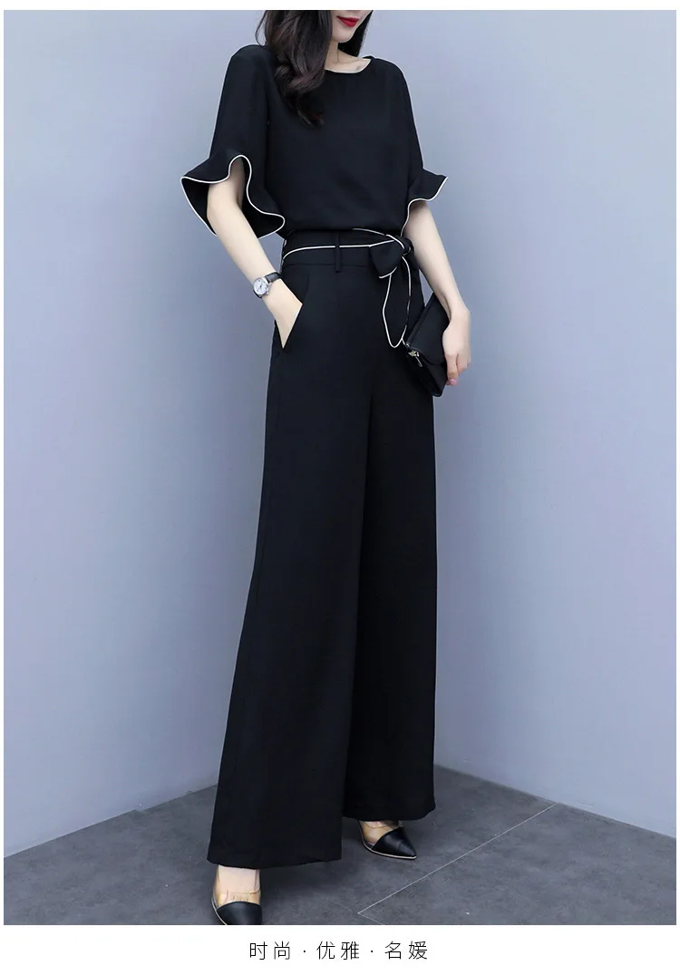 velour tracksuit women Wide Leg Pants Suit Women's Summer Two 2 Piece Set Elegant Clothes Black Tops and Office Ladies Flare Trousers Female Plus Size cute two piece sets