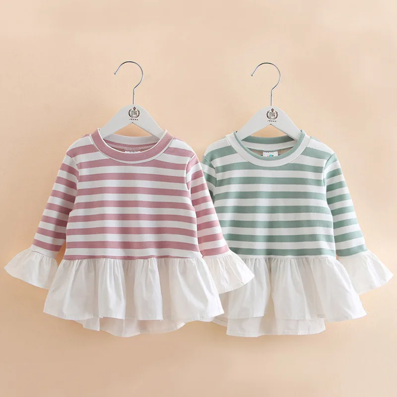 

2019 Spring Fashion 2-10 Years Kids Child Tees Tops O-Neck Long Sleeve Stripe Lace Patchwork Cotton Autumn Baby Girls T-Shirts