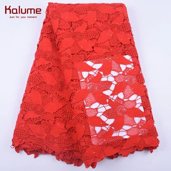 

Kalume Red African Water Soluble Cord Lace Fabric Embroidery 5 Yard Nigerian Guipure Cord Lace With Stone For Wedding Party 1993