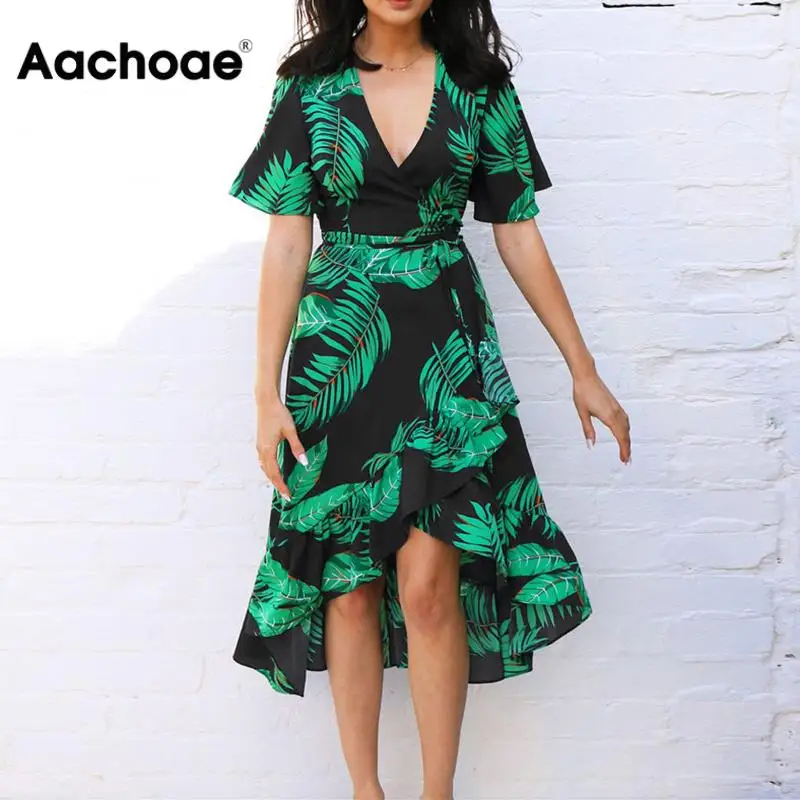 Aachoae Summer Floral Prin Beach Long Dress Women Sexy Deep V Neck Party Dress Short Sleeve Casual Boho Bandage Dress Vestidos Aachoae Summer Floral Prin Beach Long Dress Women Sexy Deep V Neck Party Dress Short Sleeve Casual Boho Bandage Dress Vestidos