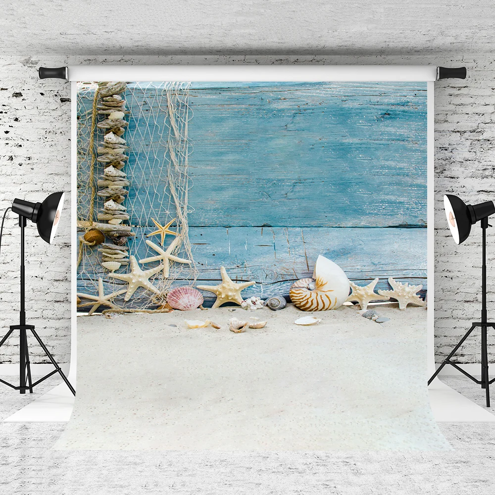 

VinylBDS Children Blue Wooden Photographic Background Beach Starfish Photography Backdrop Studio Washable Baby Backdrops