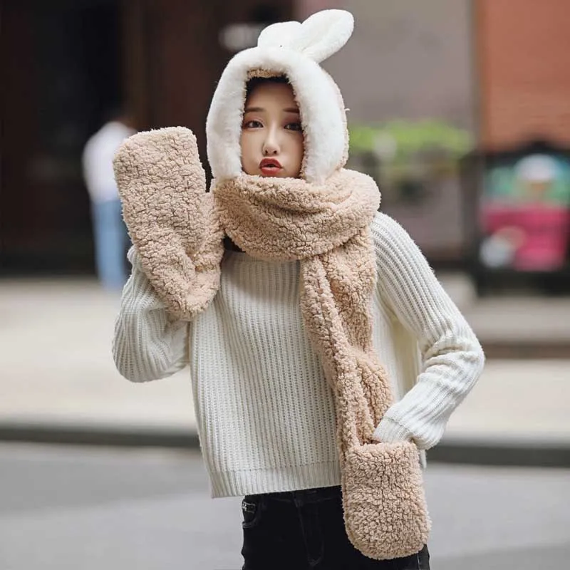 beige-adult Плюшевый осенне-зимний родитель-детский головной убор с шарф-капюшон с милыми заячьими ушками, теплая бархатная детская шапочка, шапка для девочек, шарфы для мам - Цвет: beige-adult