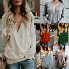 

Women's Clothing 2022 Spring Autumn Winter Wool V-neck Splicing Cross Long Sleeve T-shirt Pullover Bottoming Harajuku Shirt