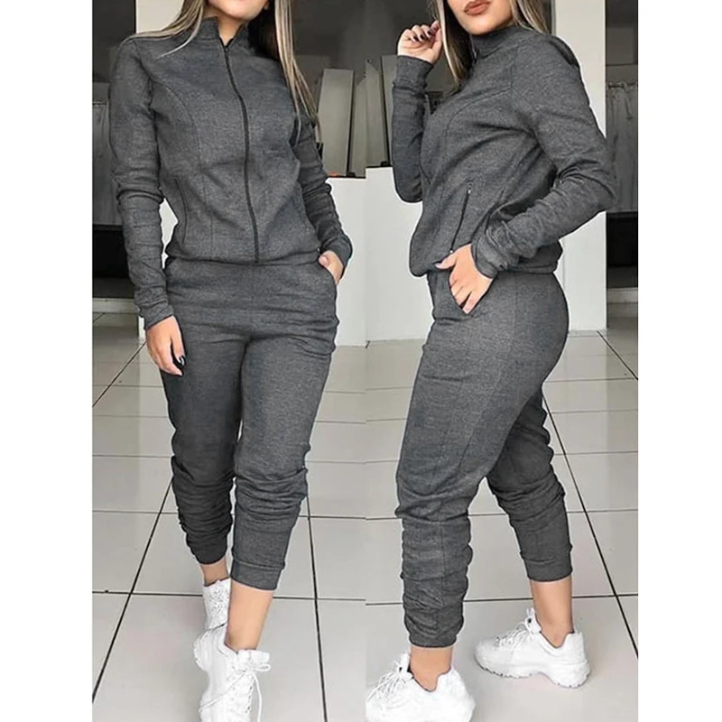 Laamei Fashion 2 Pieces Tracksuit Warm Sportwear Sets Women Autumn Zipper Jacket Sport Coat+Casual Jogger Sweatpants Sets