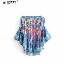 Винтажная шикарная летняя модная женская юбка в стиле хиппи с цветочным принтом, Пляжная богемная юбка с высокой эластичной талией, асимметричная юбка в стиле бохо, Femme