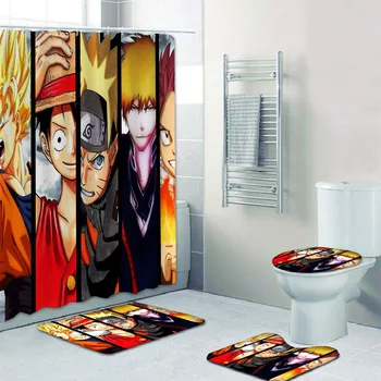 

Naruto One Piece Print Shower Curtain 4 Piece Carpet Cover Toilet Cover Bath Mat Pad Set Bathroom Curtain with 12 Hooks