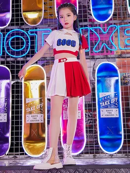 

New Girls Hip Hop Costumes Korean Style Letter Print Tops Pleated Skirts Suit Children Jazz Dance Costumes Streetwear