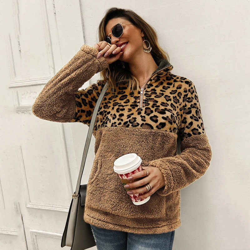

2019 Winter Fleece Sweater arrival Leopard Patchwork Fluffy Thick Sweaters Warm Zipper Pullovers Women Winter Coat Sherpa Tops
