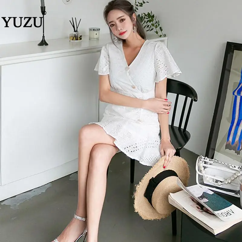 

White Lace Mermaid Mini Dress Summer 2020 Solid Ruffles Flare Sleeve V-neck Button Bodycon Office Party Hollow Out Sexy Dresses
