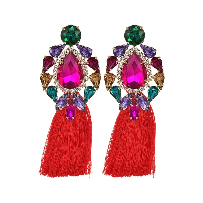 Handmade blue Big Crystal Flower Earring Vintage Ethnic Bohemian Rhinestone Long Tassel Drop Dangle Earrings for Women Jewelry