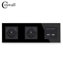 COSWALL настенная Хрустальная стеклянная панель, двойная розетка 16А, европейская электрическая розетка, двойной USB, умный зарядный порт, 5 В, 2 А, выход, черный цвет