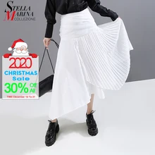 Новинка, корейский стиль, женская однотонная белая юбка, плиссированная часть, пэтчворк, высокая талия, Женская стильная повседневная Уличная длинная юбка, 5597