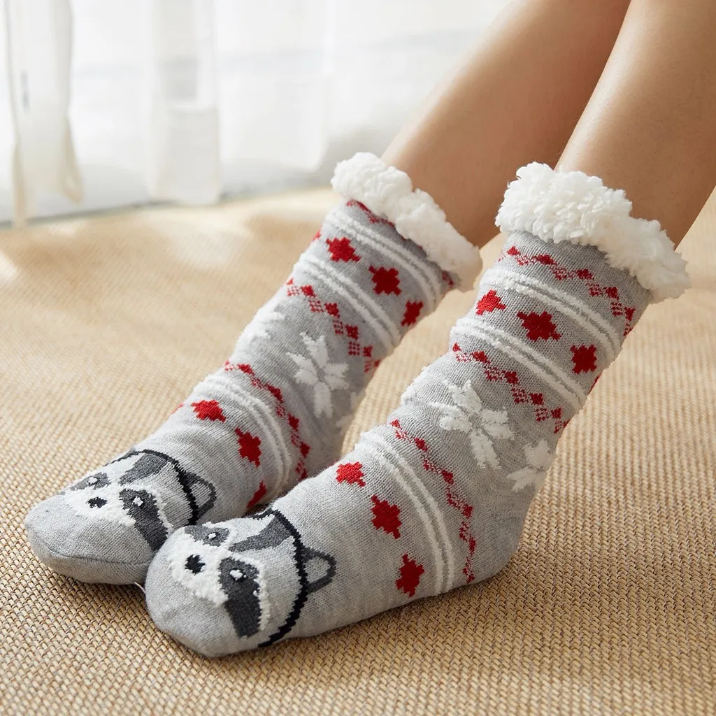 Для женщин зимние рождественские носки из хлопка с принтом толстая нескользящая подошва; теплые флисовые Носки для женщин harajuku женские забавные носки для девочек уличная