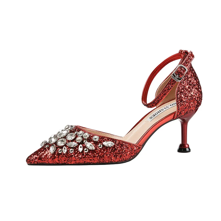 

QSR 6.5CM red PUMP Sexy pointed shallow mouth rhinestone high heels sequins thin word with sandals stiletto banquet shoes