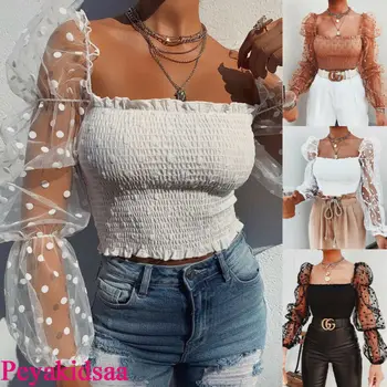 

Sexy Women Square neck Lace See-through Polka Dot Puff Long Sleeve Elastic Crop Top Female Shirts Evening Party clubwear