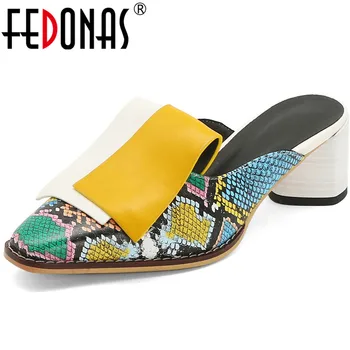 

FEDONAS Slingbacks Snake Pattern Women Mules Square Toe Chunky Heels Pumps 2020 Spring Summer New Weddding Working Shoes Woman