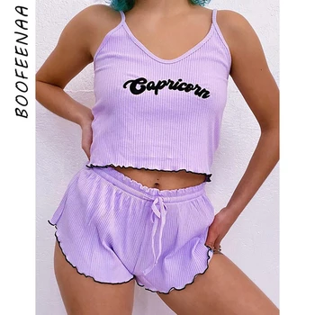 

BOOFEENAA Casual Two Piece Short Set for Women Summer Outfits Letter Embroidery Purple Ribbed Knit Cozy Lounge Wear C94-AA71