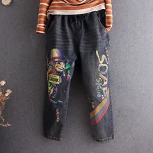 Винтажные женские джинсы с буквенным принтом клоуна, свободные брюки размера плюс, повседневные модные джинсовые штаны-шаровары с вышивкой, уличная одежда