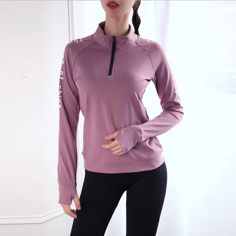 Женский топ для йоги, спортивные рубашки, одноцветные, высокая эластичность, для спортзала, бега, дышащие, с длинным рукавом, футболки, с отверстиями для большого пальца, топы для спортзала, спортивная одежда - Цвет: Фиолетовый