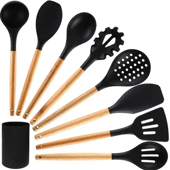 Cooking Set Silicone Utensils Set Cookware Food Grade Silicone Wood Handle Kitchen Cooking Tool Spatula Turner Ladle Kitchenware 6