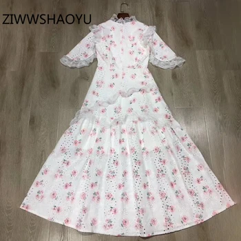 

ZIWWSHAOYU Summer Female Floral Print Lace Sweet Vacation Long Dresses Runway Designer Women Hollow Out Embroidery V-Neck Dress