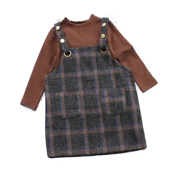 

Toddler Girls Clothing Sets Soild Long Sleeve Bottoming Shirt+Plaid Strap Dress Casual Girls Outfits For 2-7Yrs Children Clothes