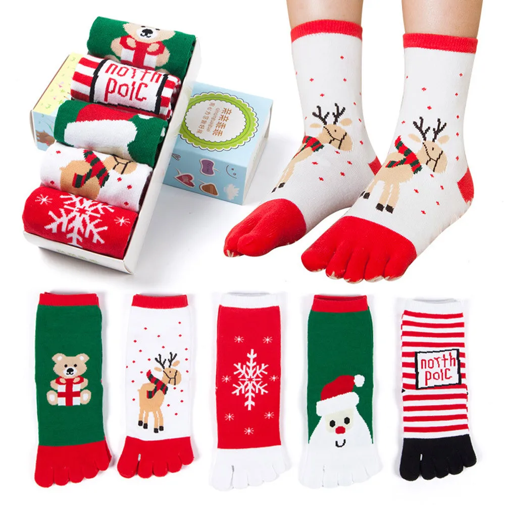 Fashion Winter Socks women Comfortable Christmas Unisec Print Multicolor Toe Socks Five Finger Sock Cotton Funny Socks Y821