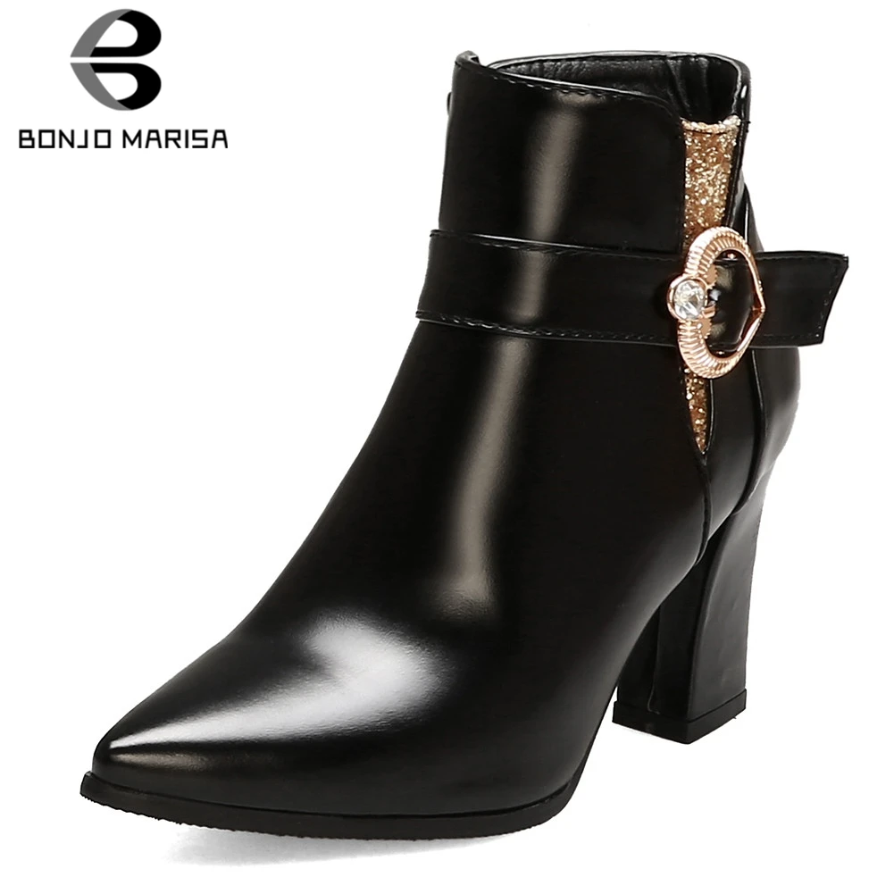 

BONJOMARISA Plus Size 32-47 Elagant Black Decorating Booties Ladies Glitters Date Ankle Boots Women High Heels Shoes Woman