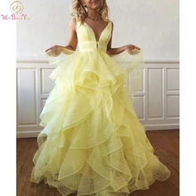 Выпускные платья в горошек из Тюля Желтые розовые синие Бальные платья Глубокий v-образный вырез с оборками многоуровневые трапециевидные Вечерние платья на заказ